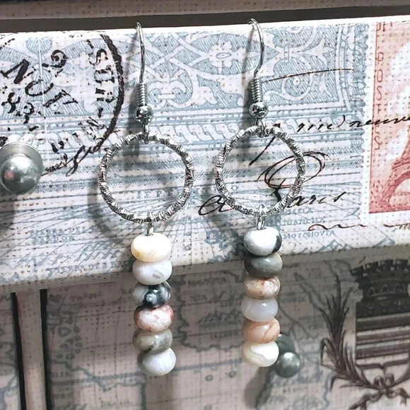 Agate Gemstone Rondelle Beads Textured Silver Ring Handcrafted Earrings - Picture 1 of 11